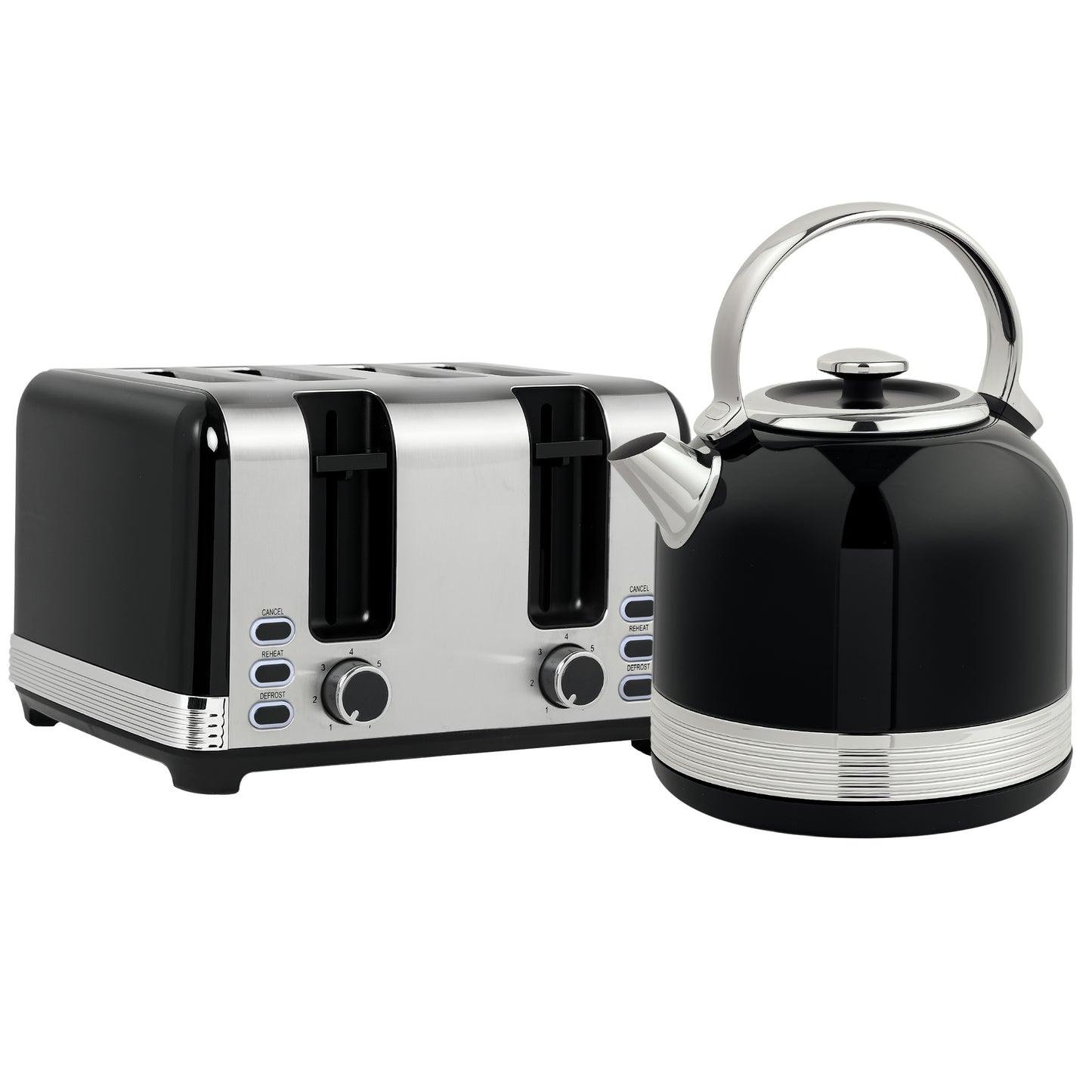 Polished Stainless Steel Kettle and Toaster Set - Black