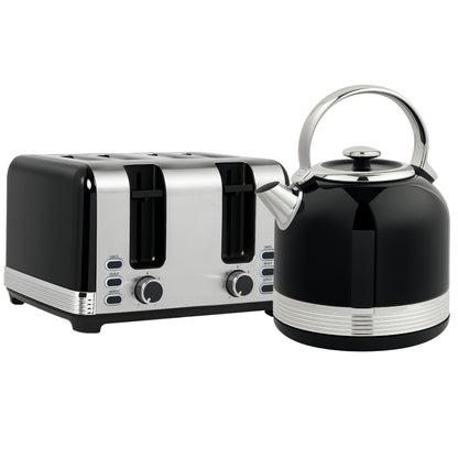 Polished Stainless Steel Kettle and Toaster Set - Black