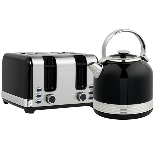 Polished Stainless Steel Kettle and Toaster Set - Black