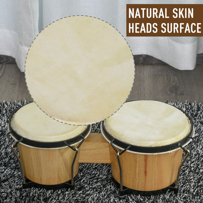 Wooden Bongo Drum Set Φ7.75" & Φ7" w/ Drum Head, Percussion Instrument, Drums, Tuning Wrench For Adults Beginners