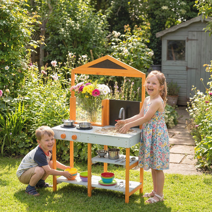Mud Kitchen for Kids, Outdoor Wooden Play Kitchen with Sink, Stove, Cookware, Shelves, Pretend Play Toy for Ages 3-8