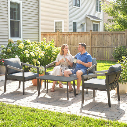 Aluminium Garden Furniture Set, 4 Seater Outdoor Patio Furniture with Loveseat, 2 Armchairs, Slatted Table