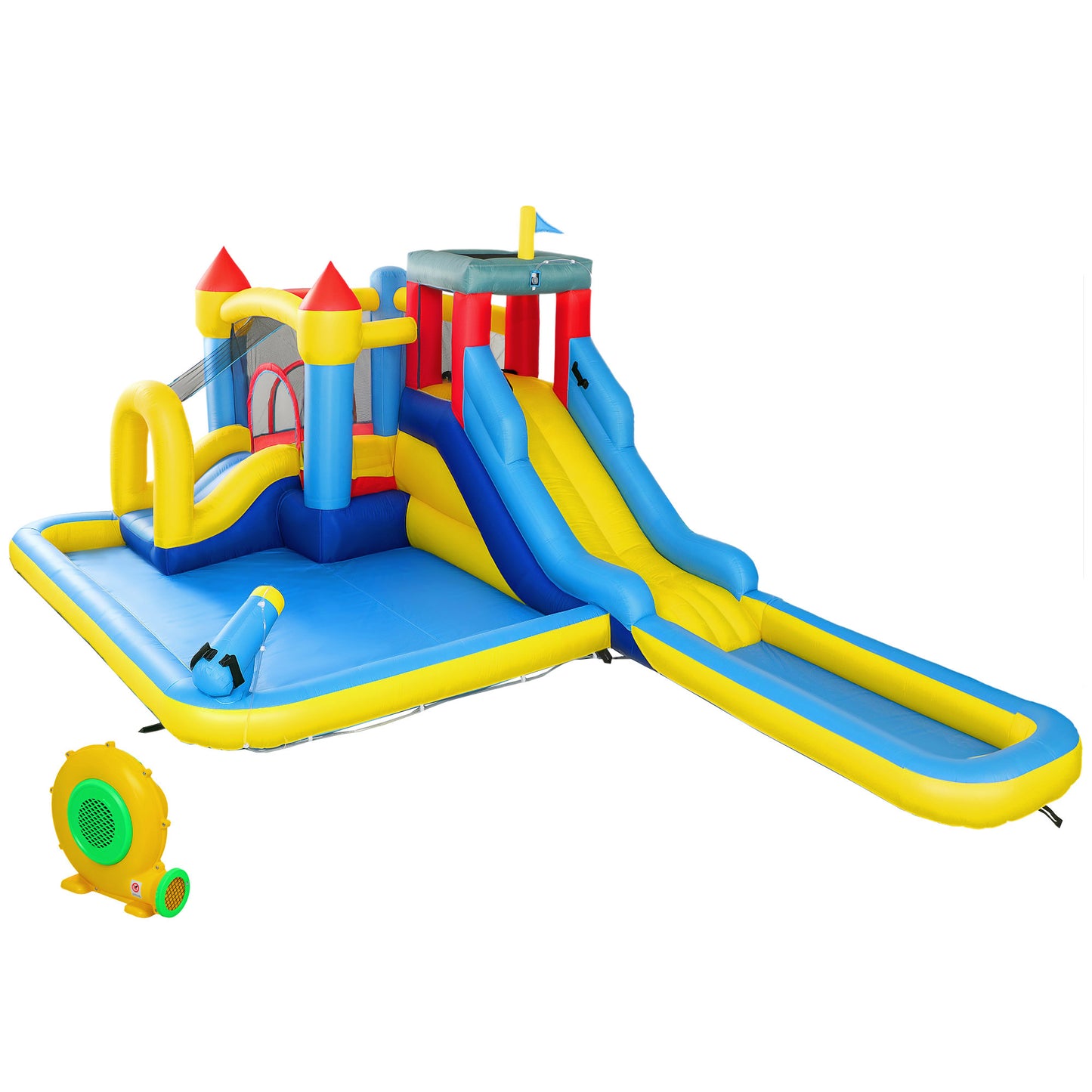 Inflatable Bouncy Castle, Kids Water Bounce House 6 in 1 with 550W Blower, 2 Slides for Garden, Party, Outdoor Indoor