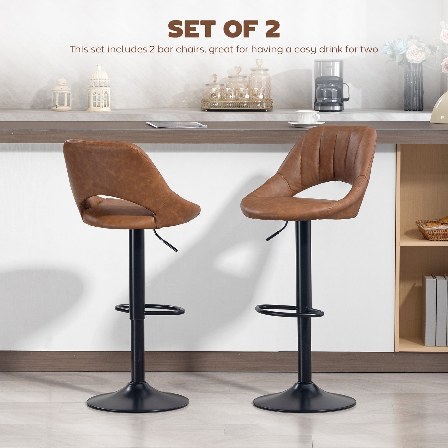 Bar Stools Set of 2, PU Leather Swivel Barstools with Backrest and Footrest for Kitchen, Counter, Breakfast Bar, Brown