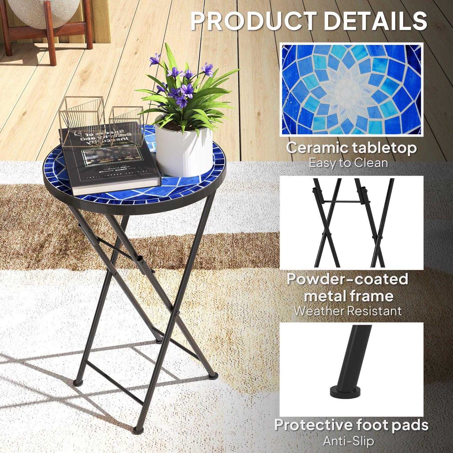 Mosaic Outdoor Garden Table, 35.5cm Round Folding Coffee Table with Metal Frame for Balcony Terrace, Navy Blue