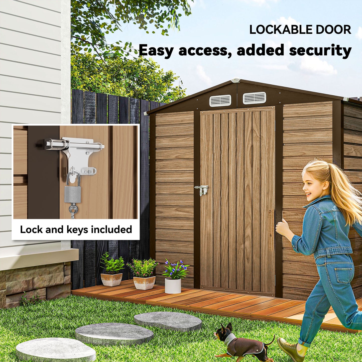 4 x 6ft Galvanised Steel Garden Shed, with Lock and Gloves - Oak
