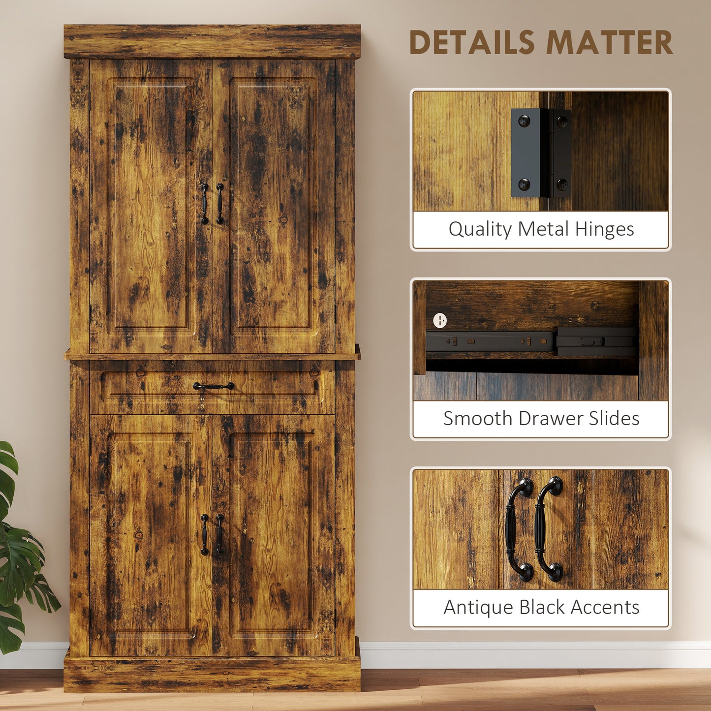 Tall Kitchen Cupboard, Kitchen Pantry Cabinet with Drawer, Shelves, Brown