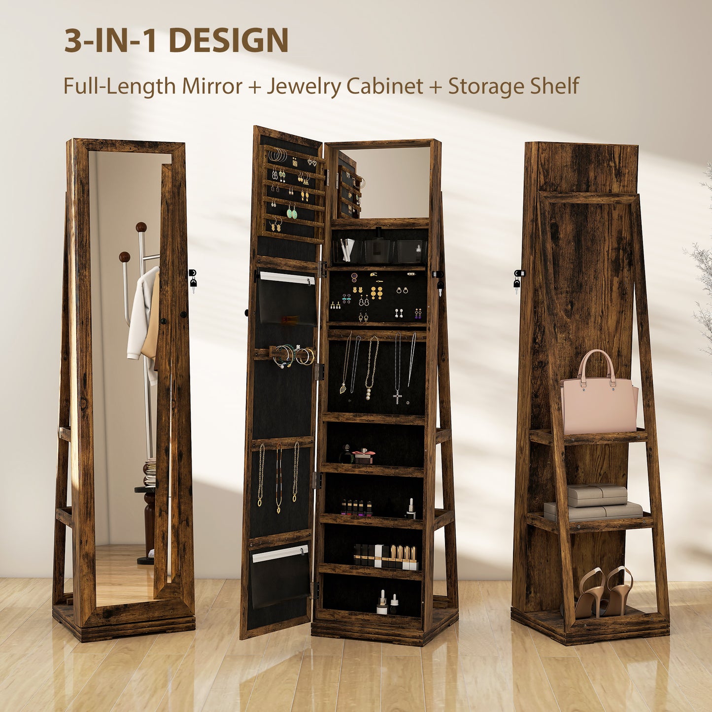 360° Swivel Jewellery Cabinet, Free Standing Full Length Mirror with Storage