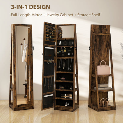 360° Swivel Jewellery Cabinet, Free Standing Full Length Mirror with Storage