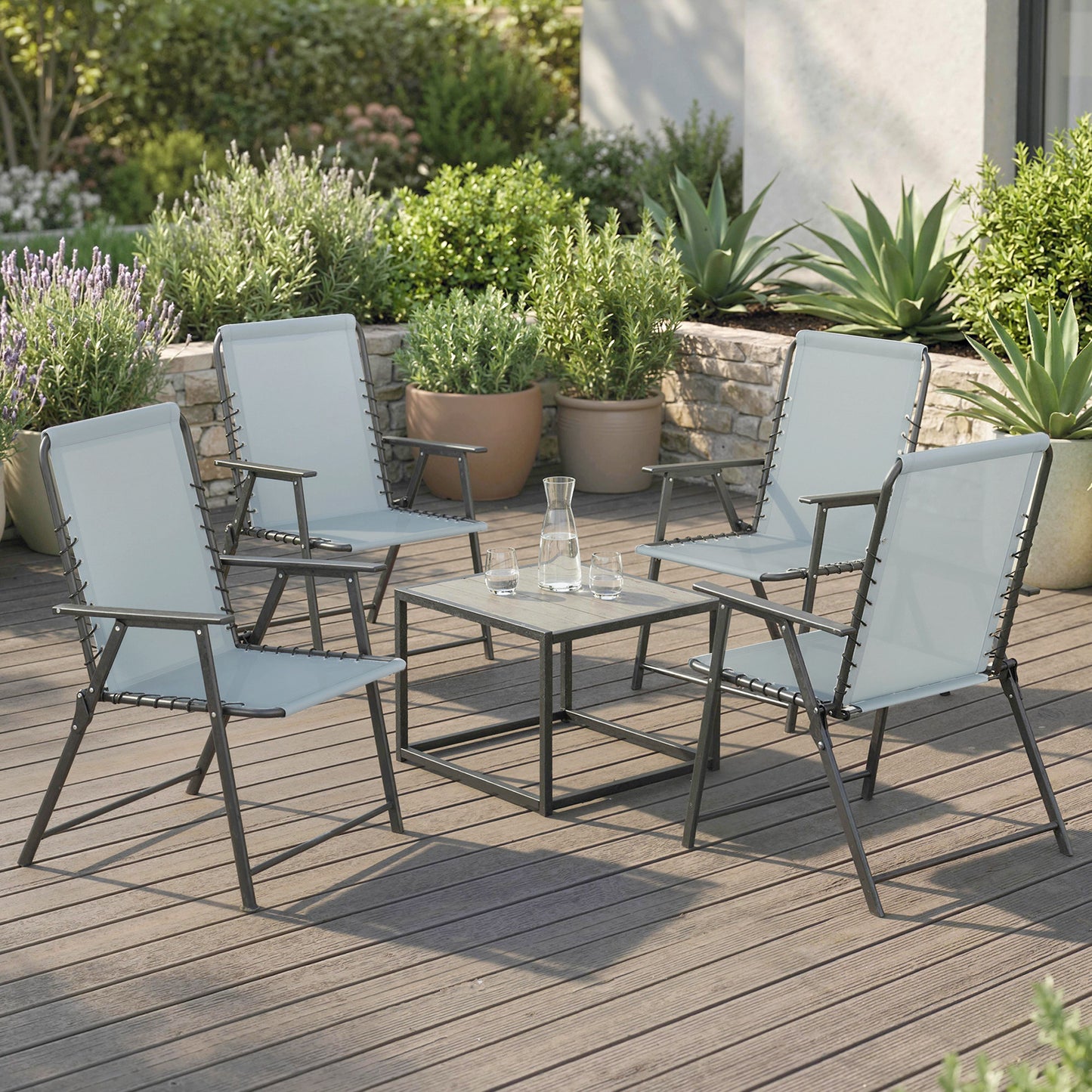 Folding Garden Chairs Set of 4, Outdoor Dining Chairs with Wide Texteline Seat, High Back and Armrests, Light Grey
