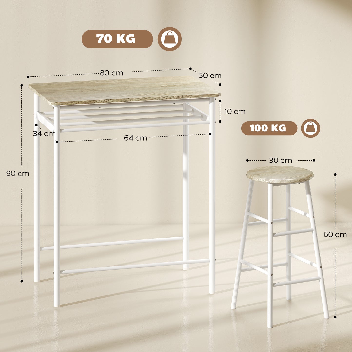 Bar Table Set, Bar Table and Stools Set, Footrest and Storage Shelf, for Kitchen, Dining Room, Pub, Cafe, White and Oak
