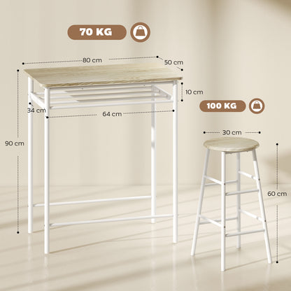Bar Table Set, Bar Table and Stools Set, Footrest and Storage Shelf, for Kitchen, Dining Room, Pub, Cafe, White and Oak