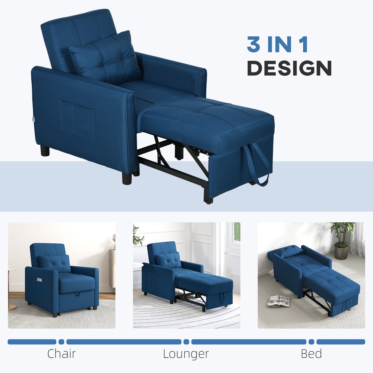 Linen-Look Single Chair Bed with Thick Padding - Blue