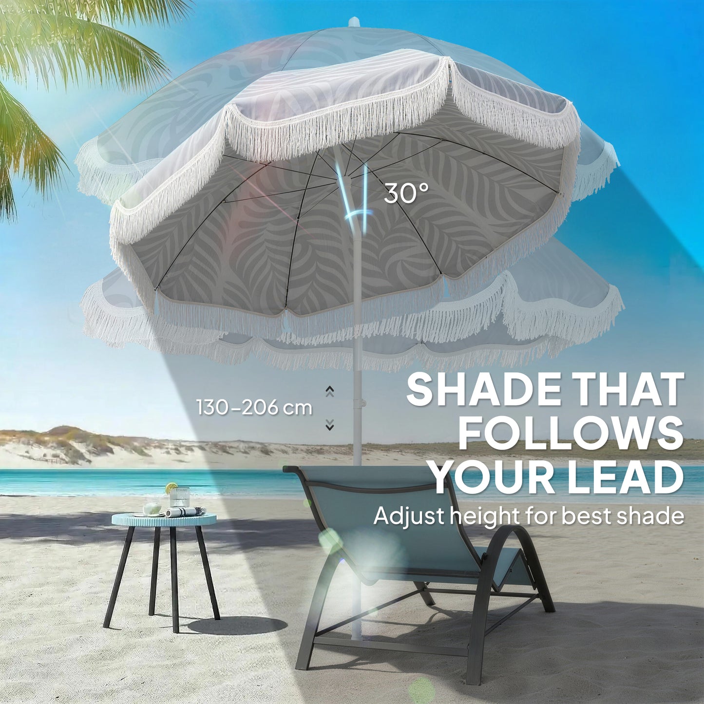1.8 m Beach Umbrella Parasol with Sand Anchor, Portable Tilting Garden Parasol with Adjustable Height, Light Grey