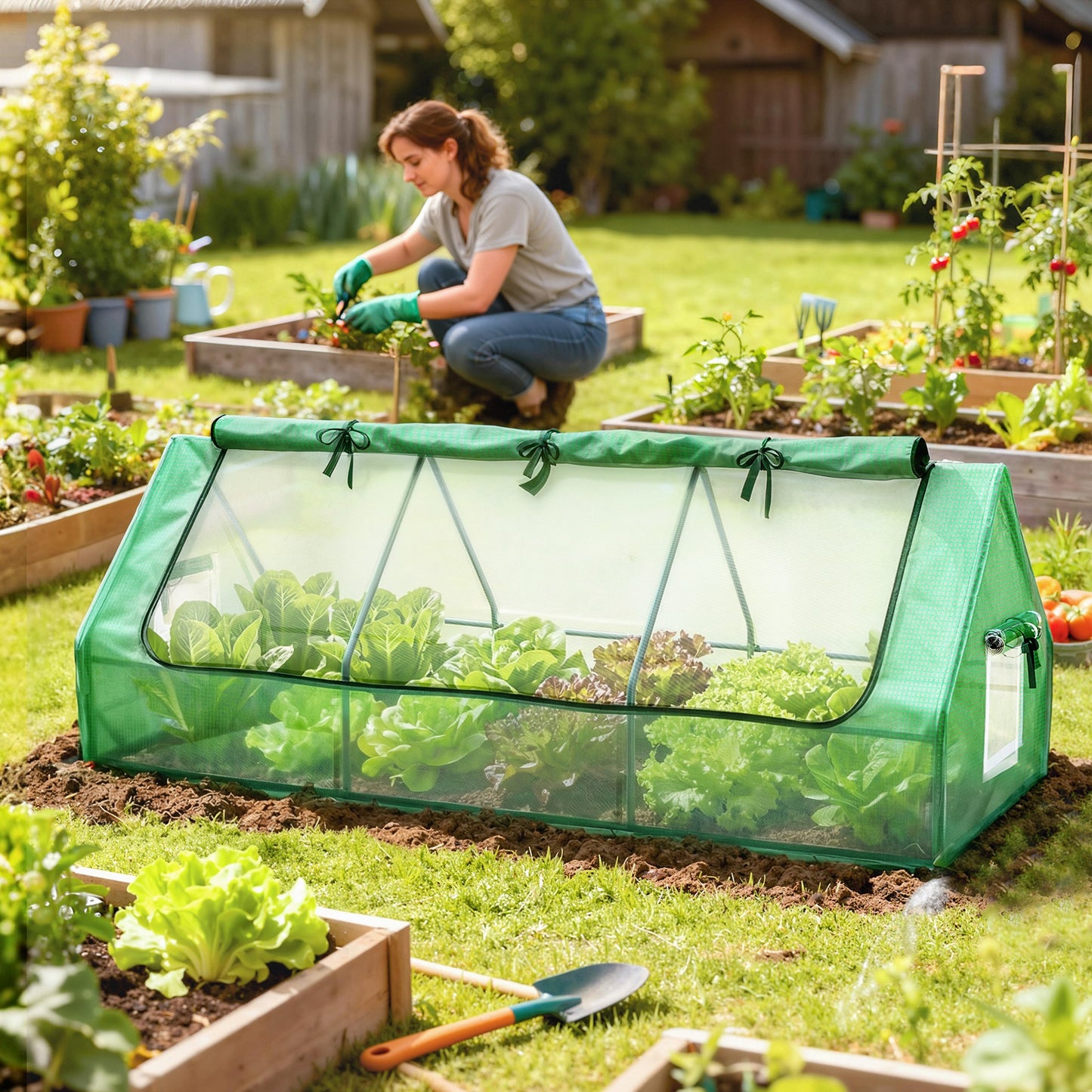 Portable Small Polytunnel, Mini Greenhouse with Mesh Windows for Indoor and Outdoor, 240x90x90cm, Green