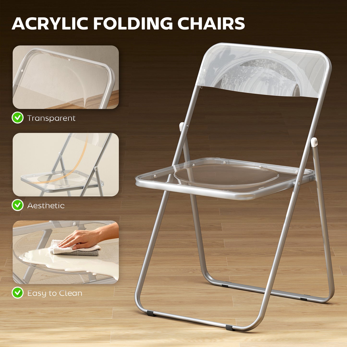 Foldable Chairs, Folding Chairs with Transparent Seat and Backrest, Heavy Duty Steel Frame, 47W x 48D x 75H cm, Clear