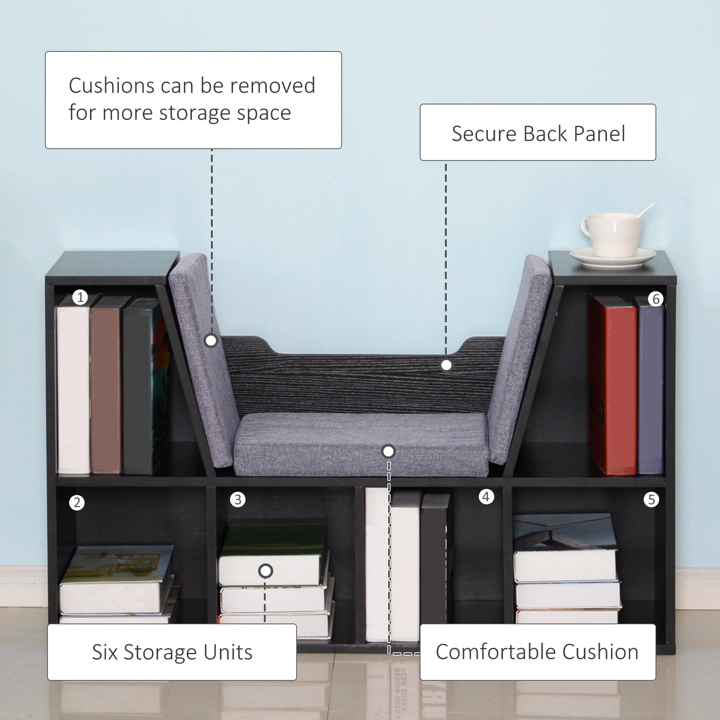 Bookcase with Cushioned Reading Seat – Black