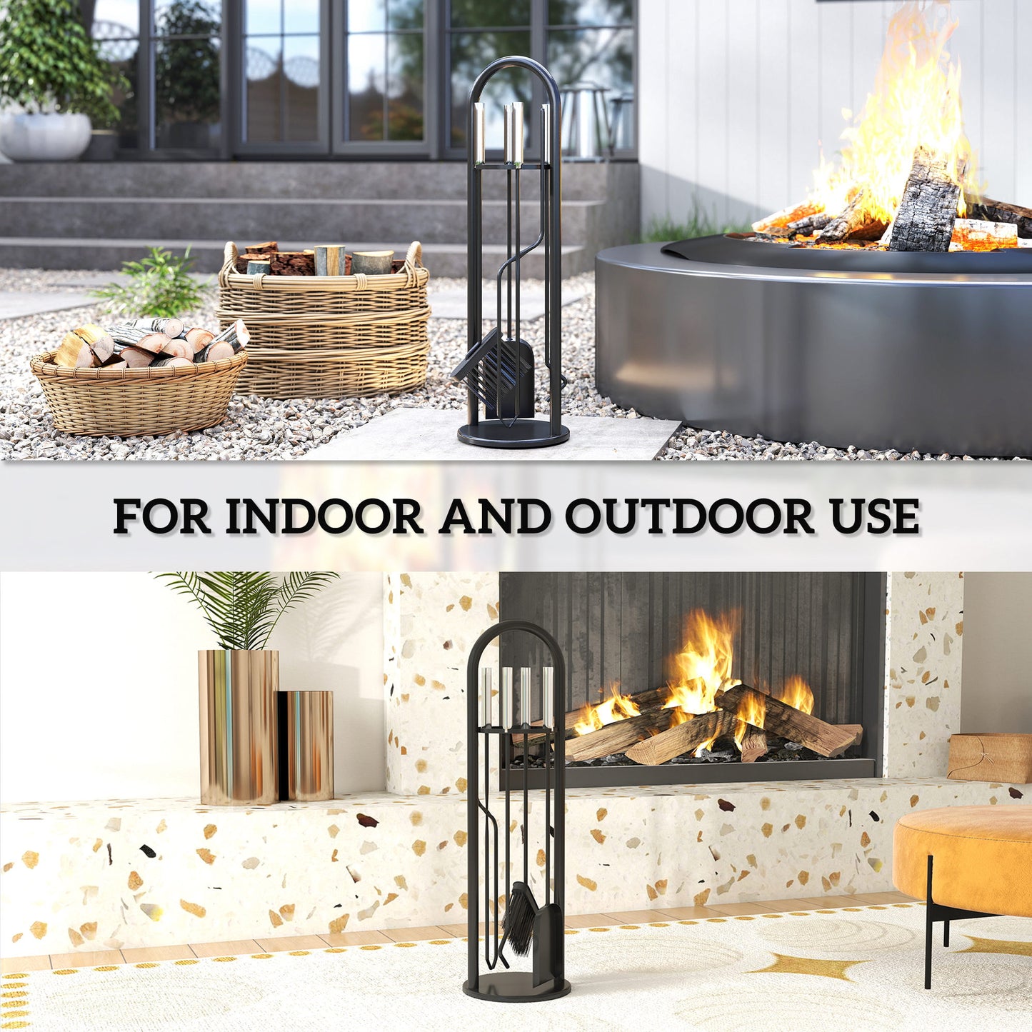 5 Pieces Fireplace Tools Set, Metal Fireplace Accessories Fireside Companion Set with Broom, Shovel, Poker and Bucket, Silver