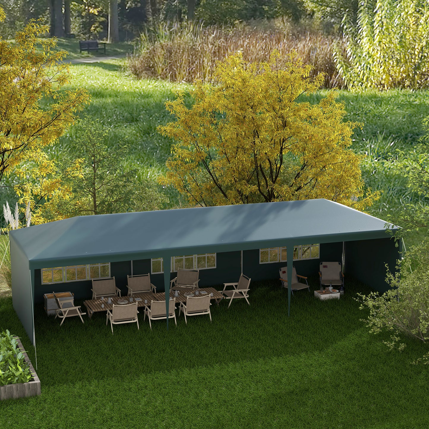 9 x 3 m Party Tent Gazebo Marquee Outdoor Patio Canopy Shelter with Windows and Side Panels Dark Green