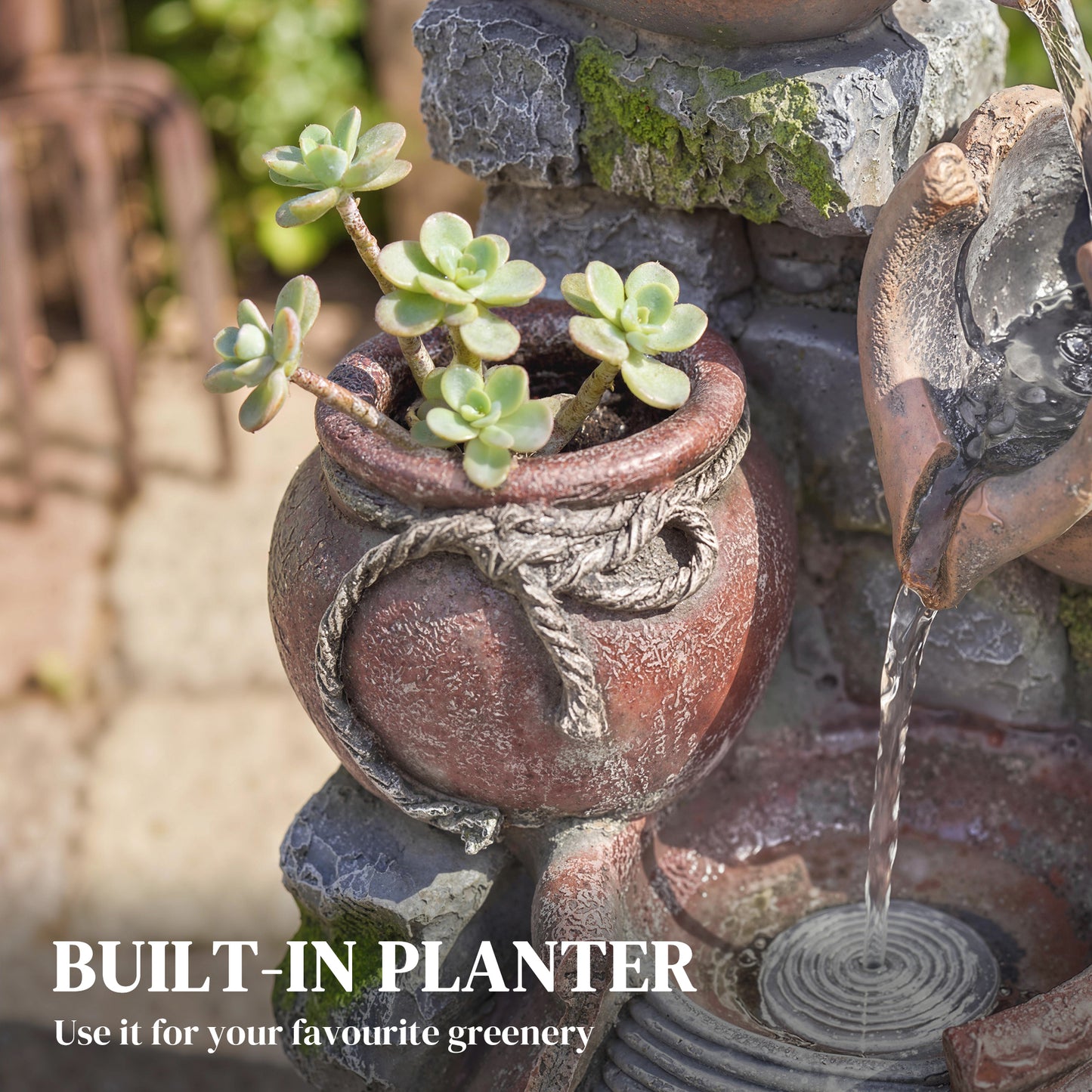 Outdoor Fountain with 4-Tier Rustic Pots & Planter, Garden Fountain with LED Lights, Rustic Brown