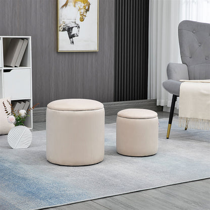 Set of 2 Round Ottoman with Storage, Fabric Vanity Stool for Makeup