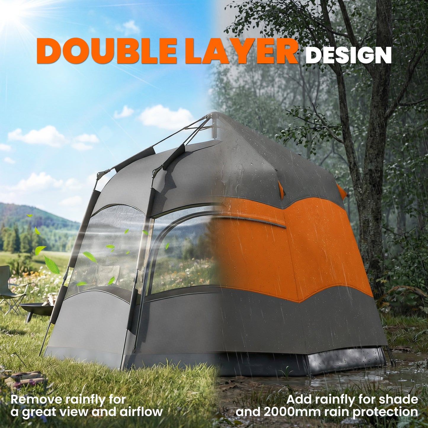 Double Layer Instant Pop Up Tent with Rainfly, Portable Camping Shelter with Sewn-in Groundsheet and Carry Bag, Orange