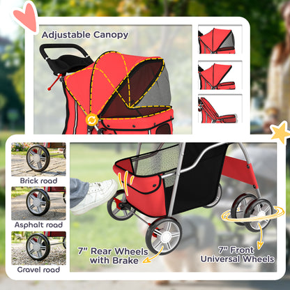Dog Pram, Pet Stroller with Reflective Strips, Foldable Cat Stroller with 360° Swivel Wheels, Red