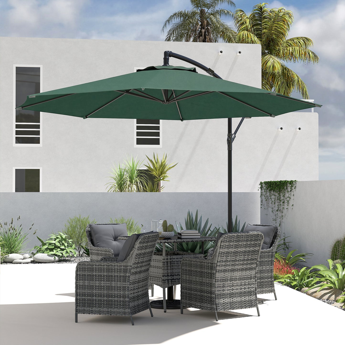 3 m Overhanging Cantilever Parasol, with Cross Base - Dark Green