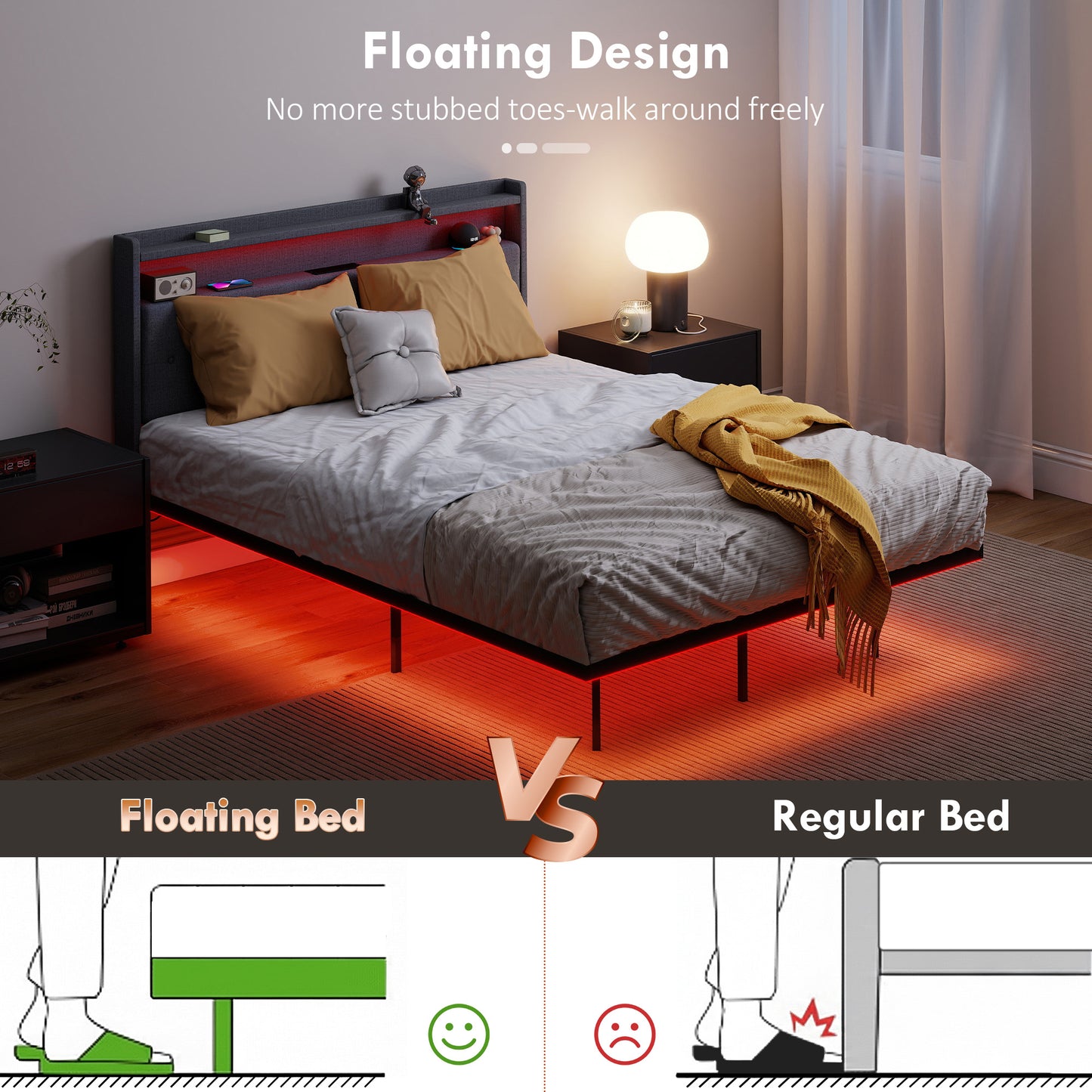 Floating Bed Frame, Upholstered 4ft6 Double Size Bed, Platform Bed with RGB LED Lights and Charging Station, Grey