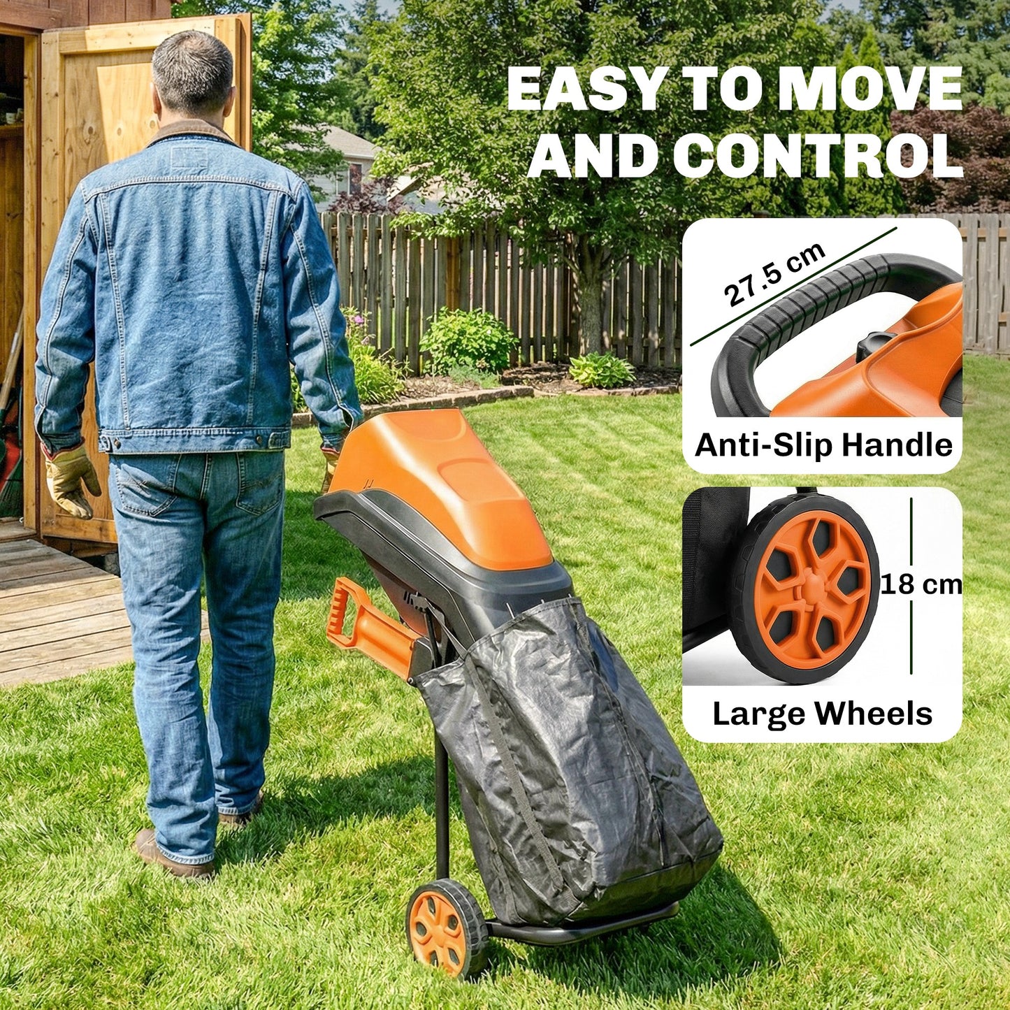 2500W Electric Wood Chipper, Corded Wood Mulcher Shredder with 45L Collection Bag, 4300RPM, 44mm Cutting Diameter