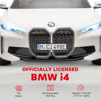 BMW i4 Licensed 12V Kids Electric Ride-On Car, White, Red and Light Blue