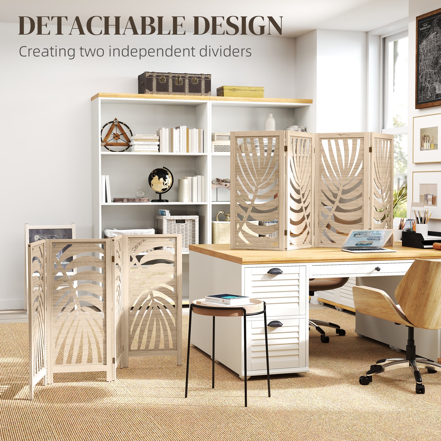 4 Panel Privacy Screens, Detachable Folding Room Divider with Palm Leaf Design for Home Office, Natural Wood Finish