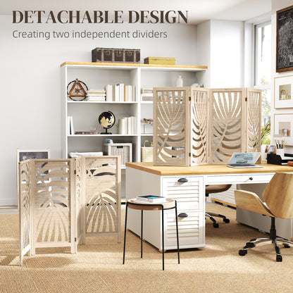 4 Panel Privacy Screens, Detachable Folding Room Divider with Palm Leaf Design for Home Office, Natural Wood Finish