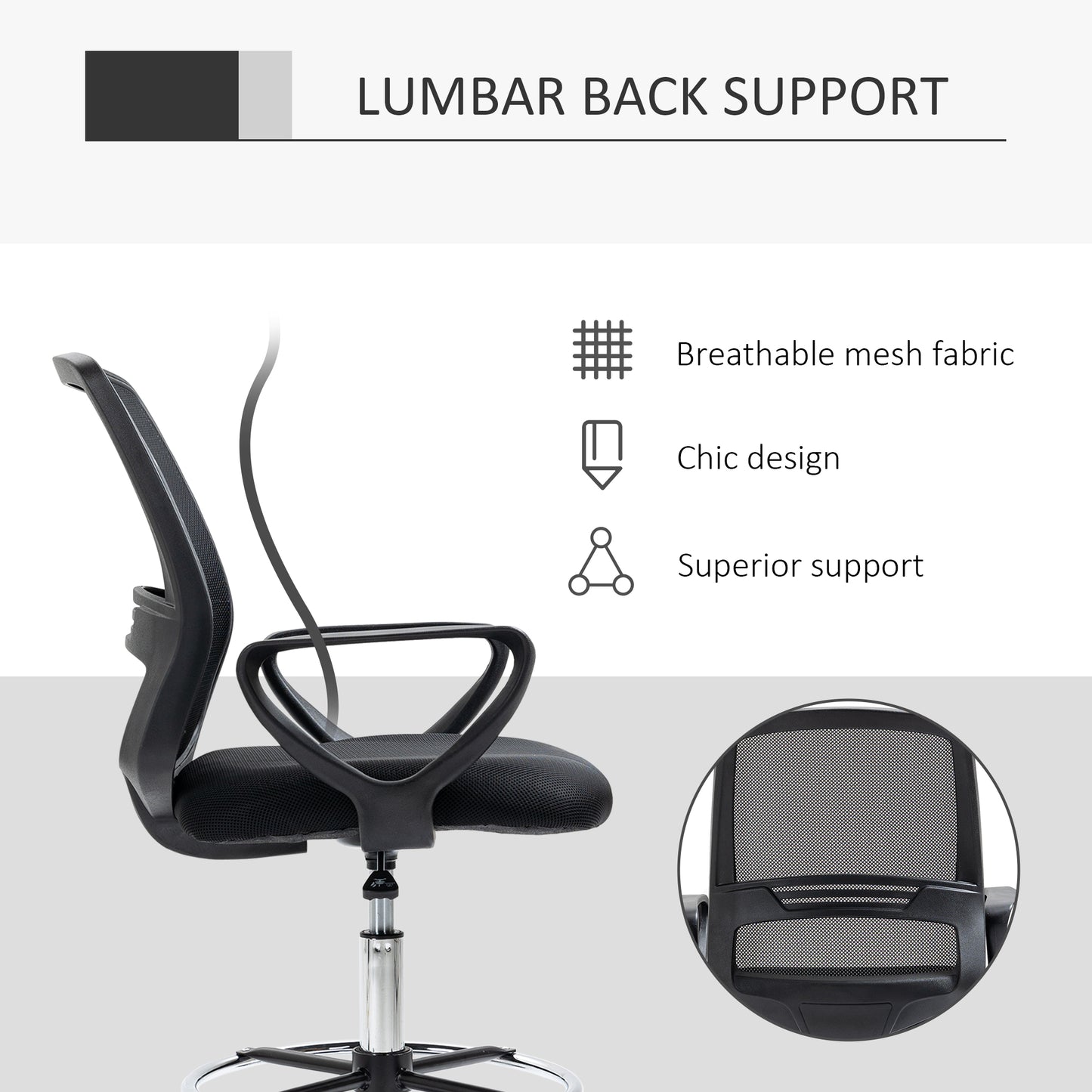 Drafting Chair, Ergonomic Tall Office Chair with Mesh Back, Lumbar Support, Adjustable Height and Foot Ring, Swivel Wheels