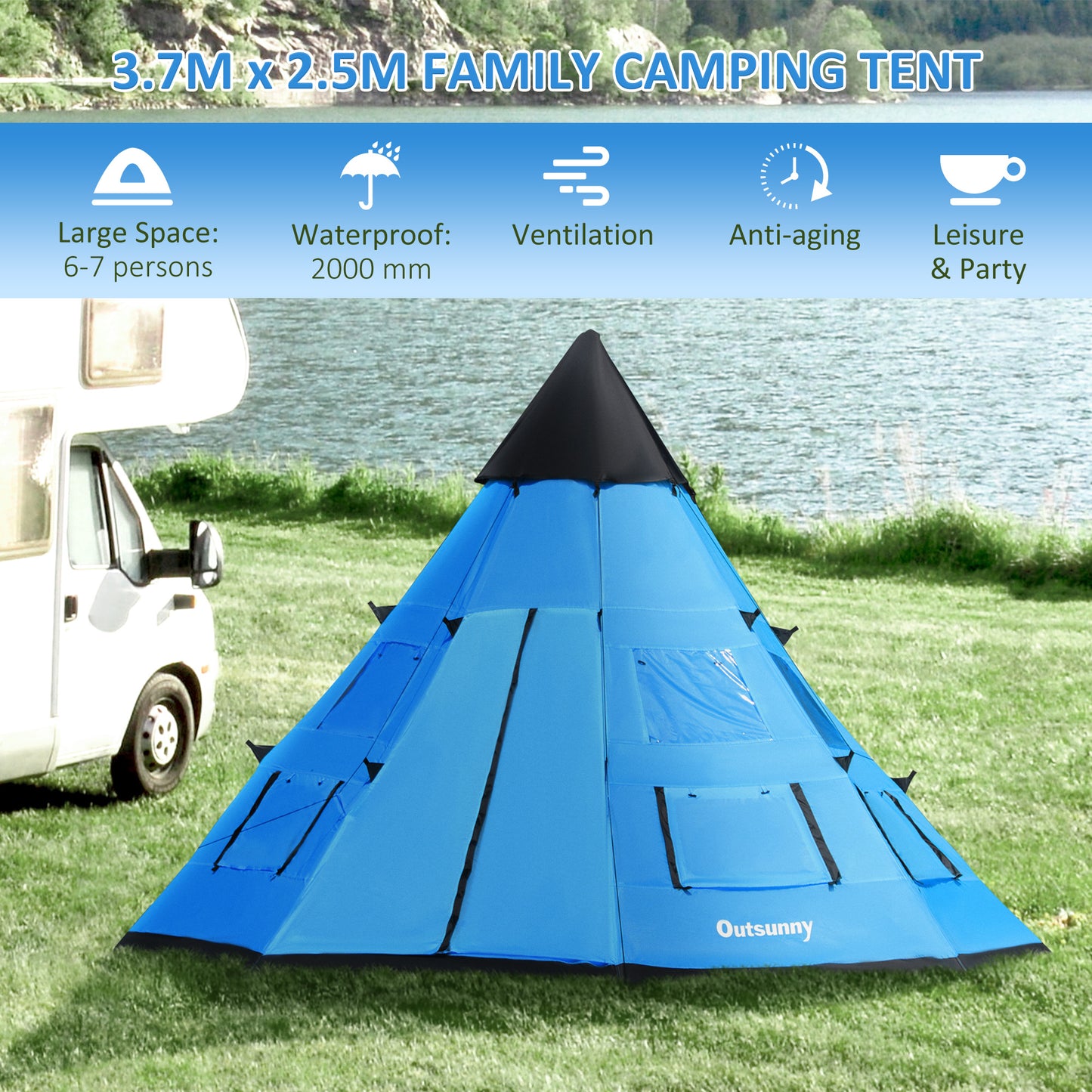 6 Men Tipi Tent with Carry Bag - Blue
