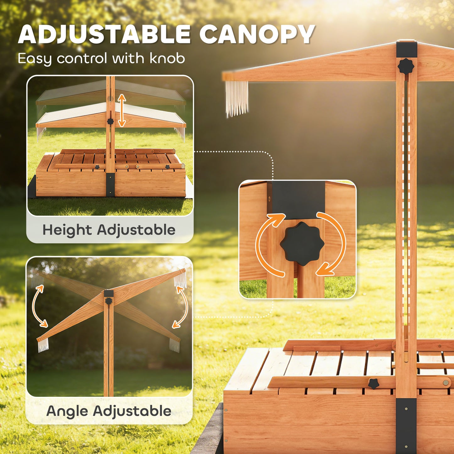 Kids Sand Pit with Lid, Wooden Sandpit with Canopy, Foldable Picnic Table, Bench Seats, Bottom Liner for Patio Garden