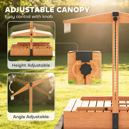 Kids Sand Pit with Lid, Wooden Sandpit with Canopy, Foldable Picnic Table, Bench Seats, Bottom Liner for Patio Garden