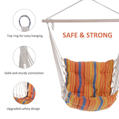 Outdoor Hanging Rope Chair with Soft Padded Seat & Backrest, Garden Hammock Chair with Wooden Support Bar Cotton Cloth