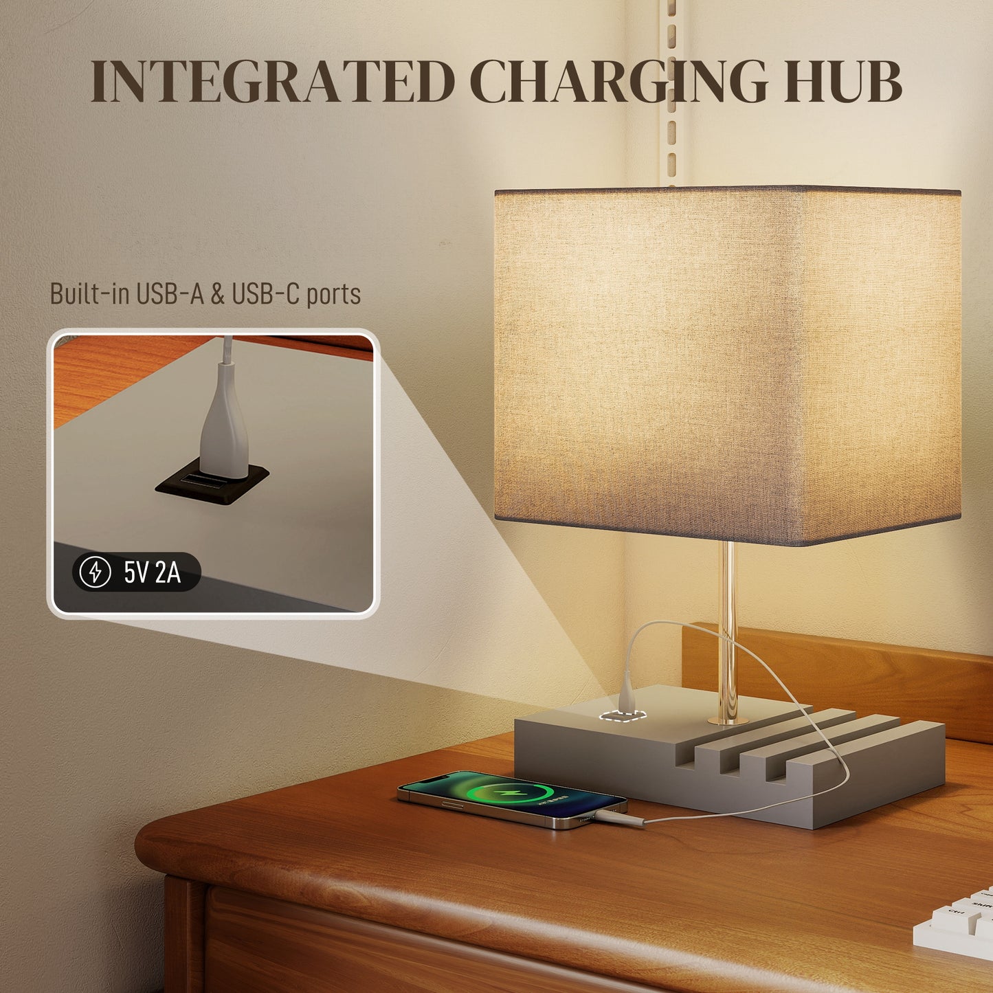 Bedside Lamp with USB A+C Charging Ports and 3 Phone Stands