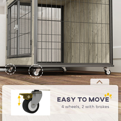 Dog Crate Furniture with Wheels, Double Doors, for Medium Dogs, Grey