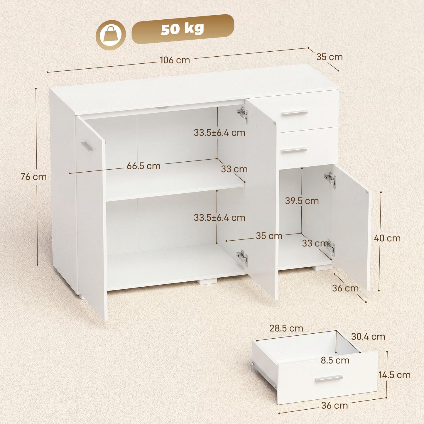 Sideboard, Modern Storage Cabinet with 2 Drawers, 3 Doors and Adjustable Shelves, White