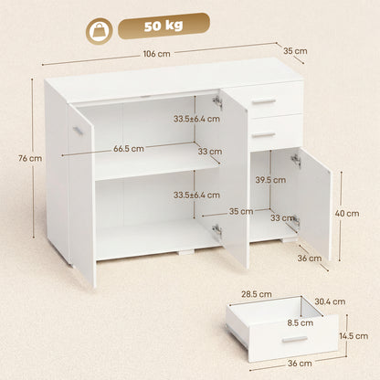 Sideboard, Modern Storage Cabinet with 2 Drawers, 3 Doors and Adjustable Shelves, White