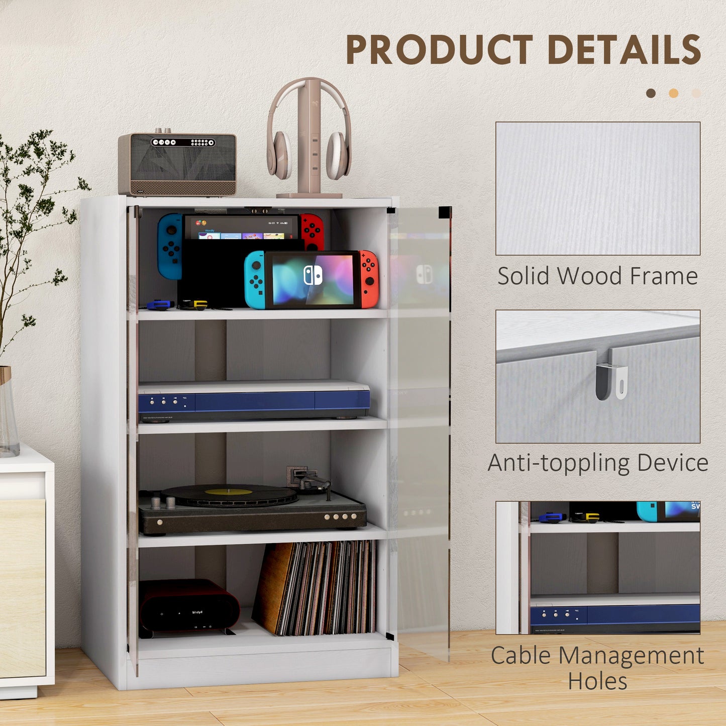 4-Tier Hi-Fi Stand, Record Player Stand with Adjustable Shelves and Push-to-Open Glass Doors, White Wood-Effect