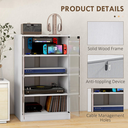 4-Tier Hi-Fi Stand, Record Player Stand with Adjustable Shelves and Push-to-Open Glass Doors, White Wood-Effect