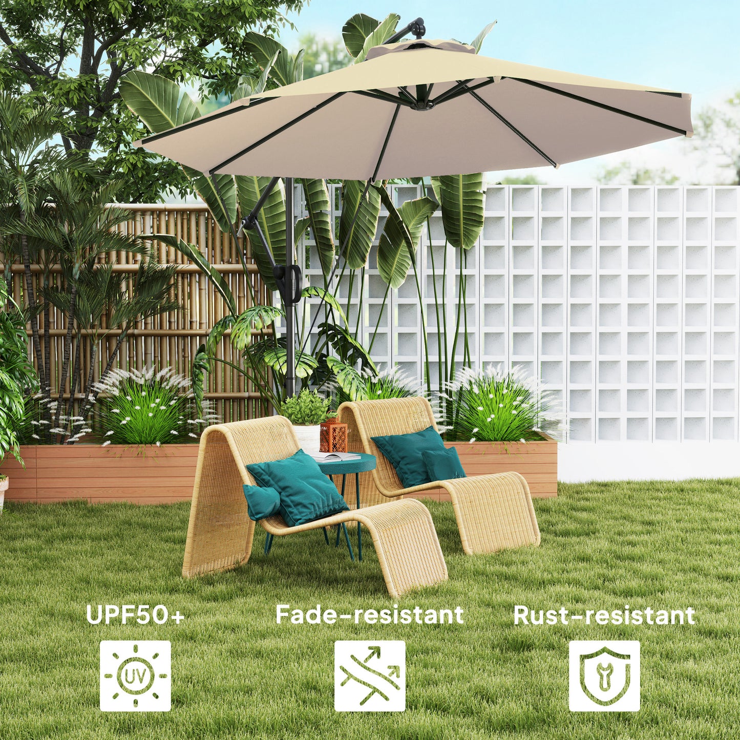 3(m) Garden Cantilever Parasol with Cover and Wind Protection Strap, Round Overhanging Umbrella with Crank Handle and Tilt