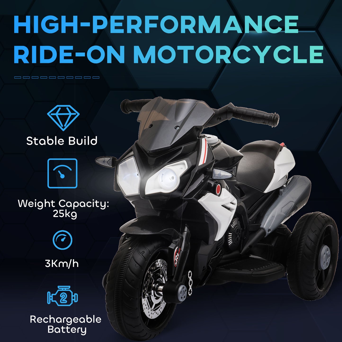 Kids Electric Motorcycle, 6V Ride on Motorcycle with 3 Wheels, LED Headlight, Music, Horn for Boys Girls 3-5 Y, Black