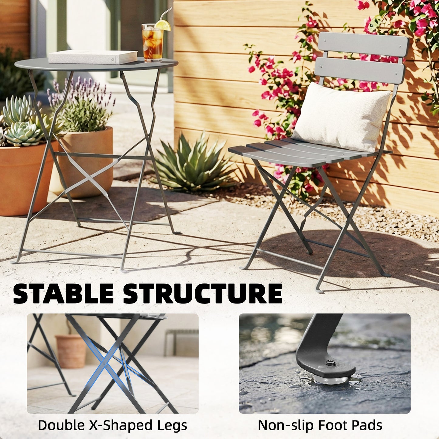 Folding Garden Bistro Set, Outdoor Round Bistro Table and Chairs Set 2 with Electrophoresis Metal Frame, Grey