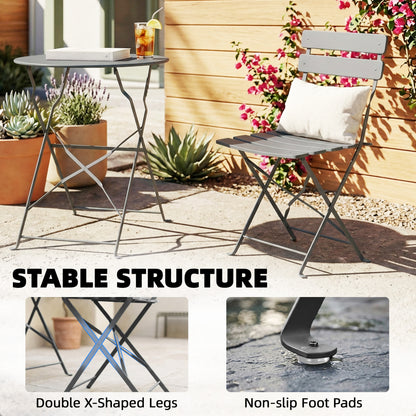 Folding Garden Bistro Set, Outdoor Round Bistro Table and Chairs Set 2 with Electrophoresis Metal Frame, Grey