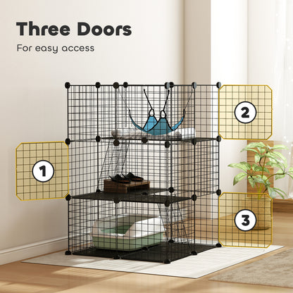Indoor Cat Cage DIY Customizable 3-Tier Indoor Cat Enclosure with 3 Doors and Hammock 105 cm Black