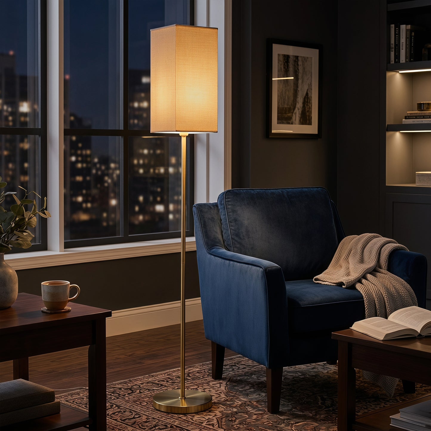 Floor Lamp, Modern Standing Lamp with Linen Shade and Foot Switch, Tall Lamps for Bedroom, Bulb not Included, Gold Tone